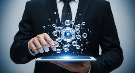 Professional businessman interacts with a brilliant hovering molecular data structure above a digital tablet representing future technology and scientific innovation
