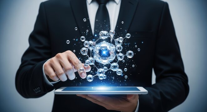 Professional businessman interacts with a brilliant hovering molecular data structure above a digital tablet representing future technology and scientific innovation - Powered by Adobe