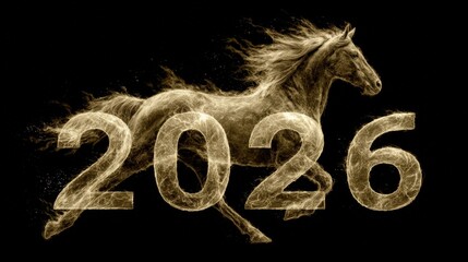 Dynamic Horse Running with Text 2026 in Abstract Style