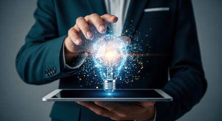 Businessman holding a tablet displaying a brilliant digital lightbulb concept symbolizing innovative business strategy and bright future technology