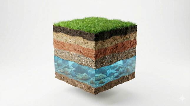Environmental concept: 3D cross-section of earth's layers with grass, soil, sand, rocks, and groundwater aquifer, on a white background.