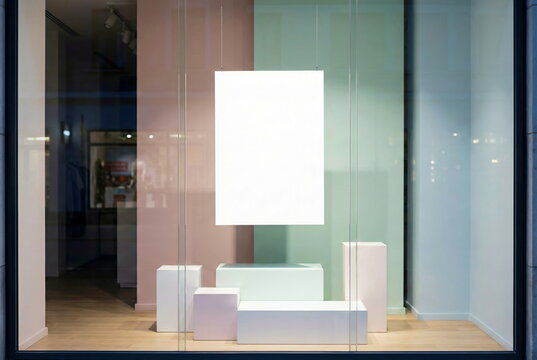 Modern shop window display with blank poster for copy space. Pastel-colored pedestals create a minimalist retail environment, perfect for branding mockups.