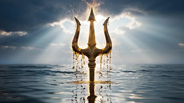 Golden trident emerging from ocean water with dramatic sunlight and cloudy sky
