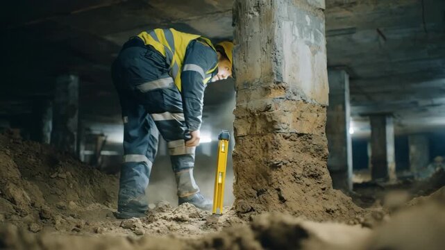 Medium shot of inspector analyzing underground parking foundation using tools to evaluate soil and support strength