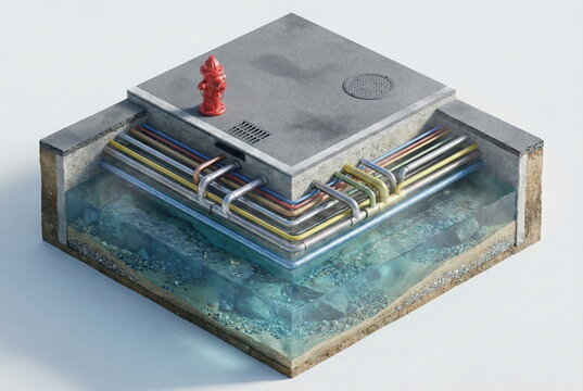 Isometric cross-section illustrating underground urban infrastructure with utility pipes, a fire hydrant, and clear water beneath a concrete street.