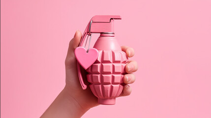 A woman's hand holding a pink-painted pomegranate with a heart-shaped pin against a pink background, explosive love concept