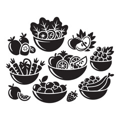 food bowl silhouettes set with fruits and healthy meals in black vector style