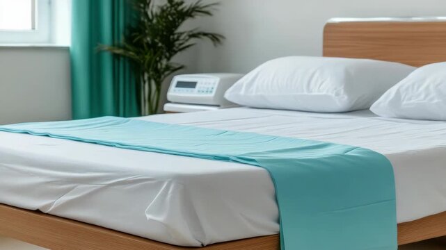 Clean modern hospital bed with teal runner white linen pillow neatly made bright patient room