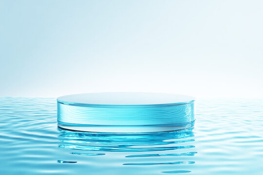 青い水面に浮かぶ透明なガラスの台
