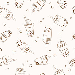 Doodle bubble tea glasses seamless pattern. Vector cocktail drink illustration