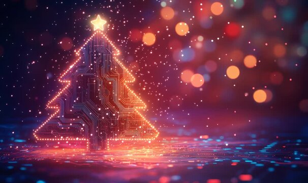 Neon outlined christmas tree illuminating a dark background with sparkling dust, vibrant bokeh, and futuristic light patterns