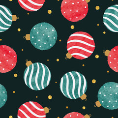 Christmas balls seamless pattern. Holiday watercolor background, wrapping paper design
