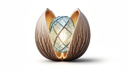 A glowing futuristic orb with a light lattice inside a cracked wooden shell set against a white background.