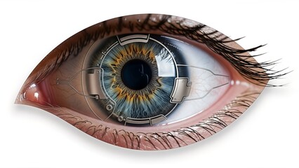 Close-up of a human eye enhanced with digital and cybernetic elements, conveying innovation.