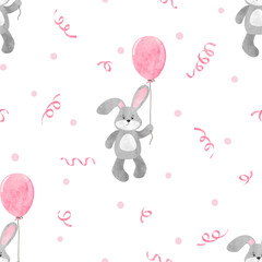 Toy bunny with balloon seamless pattern. Baby shower girl vector watercolor illustration