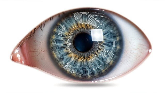 A detailed view of a human eye with digital elements, suggesting technology fusion. - Powered by Adobe