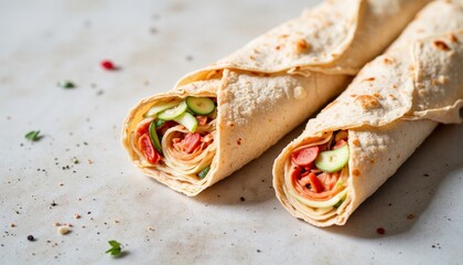 Fresh vegetable wraps cut in halves on light surface, rolled flatbread sandwich still life, minimal food composition, clean tabletop, copy space