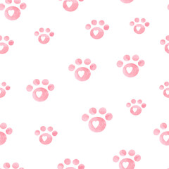 Cartoon paw print seamless watercolor pattern in pink color