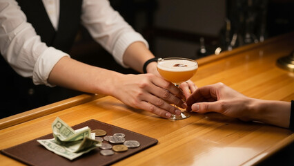 Bartender handing cocktail in elegant glass to customer at bar  