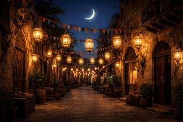 Obraz premium Ramadan Crescent Moon and Traditional Lanterns at Night