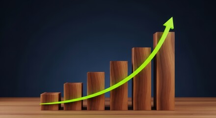 Dynamic wooden bar chart showing business growth with a vibrant green upward pointing arrow against a dark blue background illustrating progress and financial success
