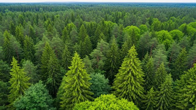 Vast Evergreen Forest Canopy With Lush Green Pine Trees Under A Hazy Sky