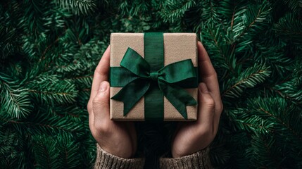 Festive golden gift box with emerald green bow held by male hands in knitted sweater against evergreen branches. Christmas present with ornate ribbon and holiday decorations.