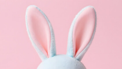 Minimalist close-up of soft bunny ears against a pastel pink background. Cute and playful image with clean composition and gentle colors. Conceptual photograph symbolizing Easter, rabbit, ears, 3d, ad