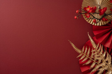 Vibrant red backdrop with gold accents and botanical fern elements captures a Chinese New Year greeting scene ideal for seasonal campaigns and cultural celebration visuals