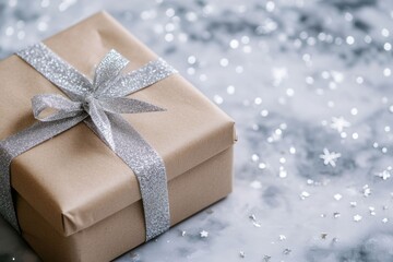 Christmas eco background with silver craft paper gift box lying on the snow. Silver Christmas starry glitter on a snowy surface. Cozy winter flat lay.