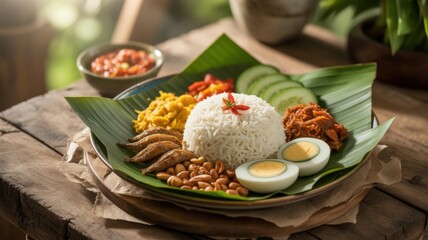National cuisine of Brunei. Nasi Lemak is incredibly popular in Brunei. A dish of rice, cucumber, anchovies, roasted peanuts, hard-boiled eggs and chicken meat with hot hot sauce. 