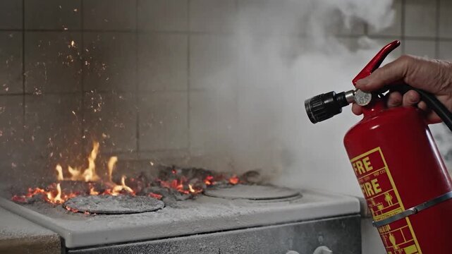 Hand uses fire extinguisher to put out kitchen stovetop fire