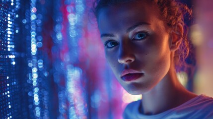 Binary machine code beautiful young woman is in projector neon lights in the studio 