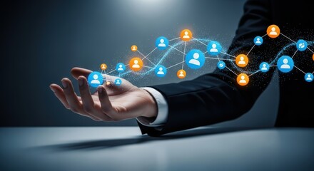 Businessman holding a futuristic glowing social network structure symbolizing global business connections and digital community development