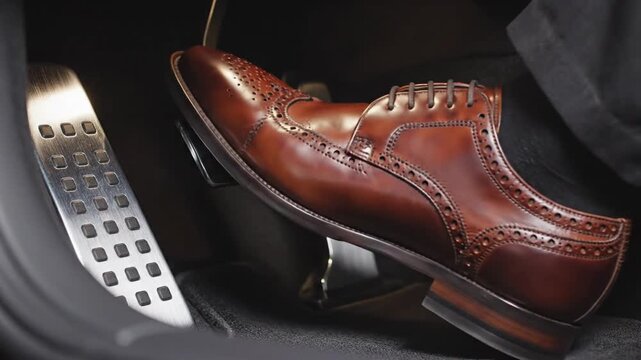 Elegant Brown Leather Wingtip Brogue Dress Shoe Pressed on a Car Accelerator Pedal Inside a Vehicle Interior With a Metal Footrest