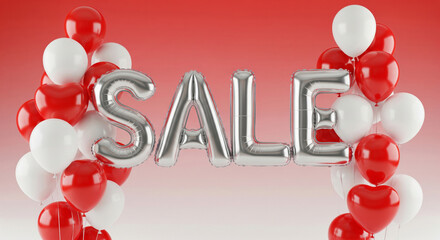 Bright and festive marketing composition featuring the word SALE spelled out in large glossy red foil balloons.