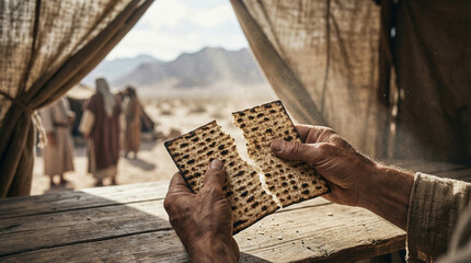 Breaking piece of unleavened bread with hands inside tent with desert and mountains in background, evoking peaceful moment. Moses guides Jews through Sinai desert to Promised Land