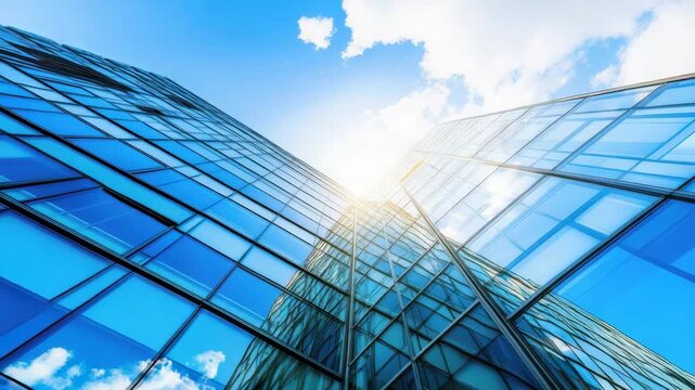 Modern glass skyscraper facade reflecting blue sky and sunlight vibrant dynamic upward perspective