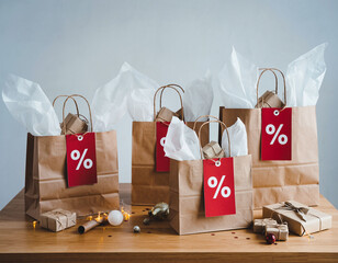 Online order packages and shopping bags with discount tags on table, holiday shipping and sale concept