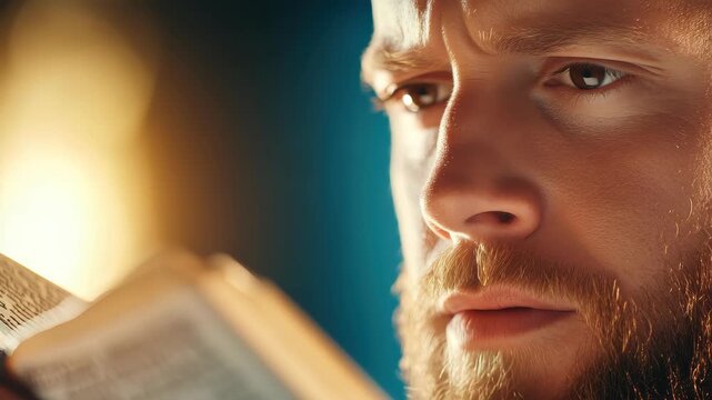 Enlightened Inquiry: A man, engrossed in the pages of a book, illuminated by a warm, inviting glow, showcasing the power of knowledge and contemplation.
