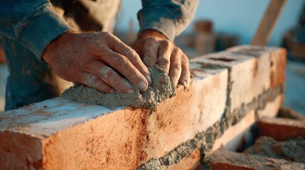 Close-up of a bricklayer's hands applying mortar to bricks, construction in progress, sunlight