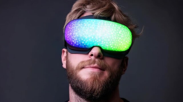 Bearded male adult wearing colorful futuristic virtual reality visor vr headset with glowing green