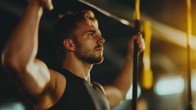 Athletic man suspension strap workout exercise fitness training in warm gym light pull up drama