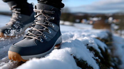 A dynamic image capturing the moment of a boot stepping on a snowy trail, showcasing the beauty of winter landscapes and the invigorating experience of outdoor adventures.