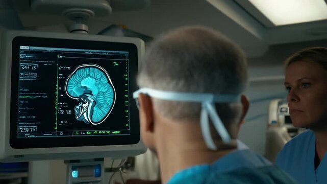 Surgical team and surgeon monitor brain scan operating room with elderly patient wearing surgical