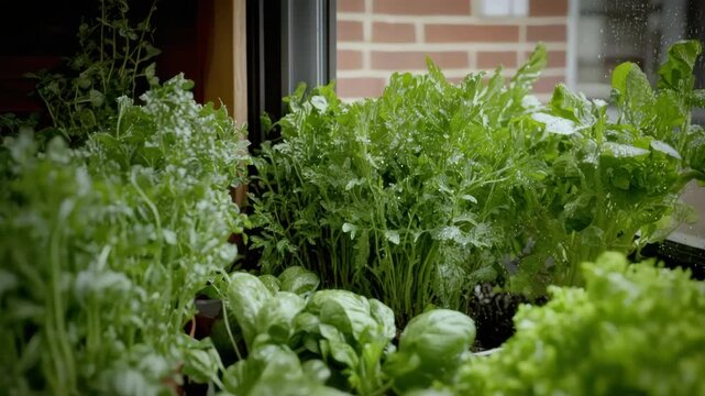 Fresh indoor herb basil parsley lettuce garden by rainy window lush vibrant growth