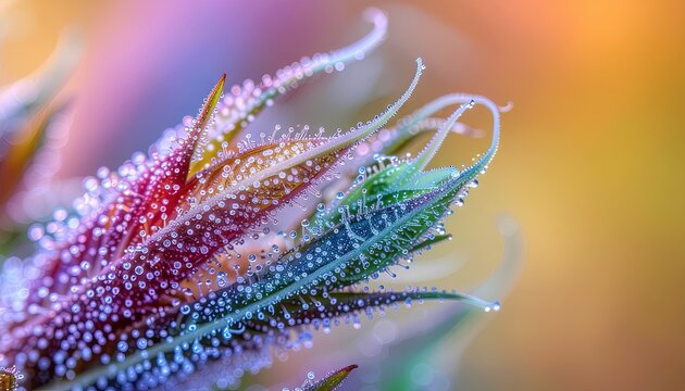 Vibrant Macro Close Up Of Cannabis Flower Trichomes With Dew Drops In Soft Golden Hour Light