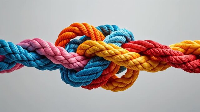 Colorful Knotted Ropes Symbolizing Unity and Connection on a Light Gray