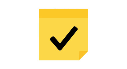 yellow sticky note icon with bold black check mark symbol on white background simple checklist graphic for tasks approval reminders