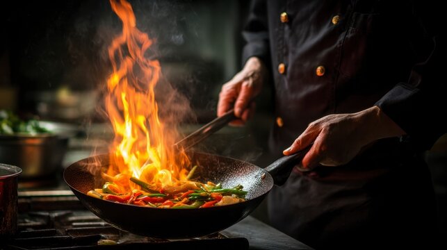 Close-up of a chef cooking with a wok, vibrant flames erupting as they toss vegetables. Soft lighting enhances the scene
